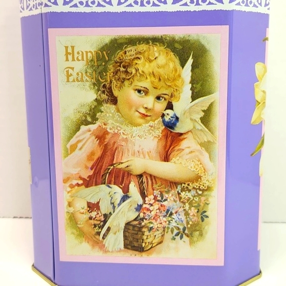 Easter Greetings Wishes Victorian Litho Printed Girl with Birds Tall Tin Box - Picture 3 of 14